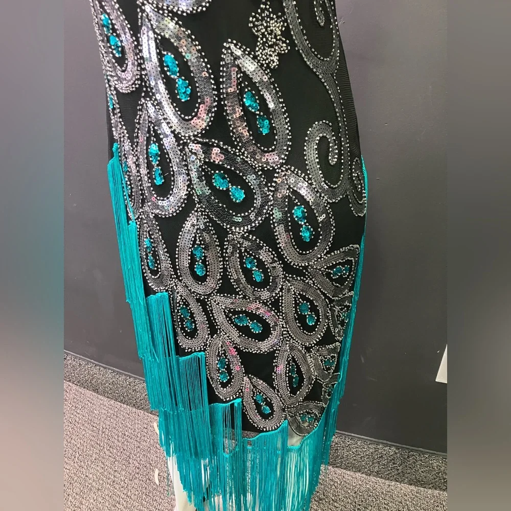 BabeYond black green and Silver peacock embroidered fringe flapper dress XL - Picture 9 of 15